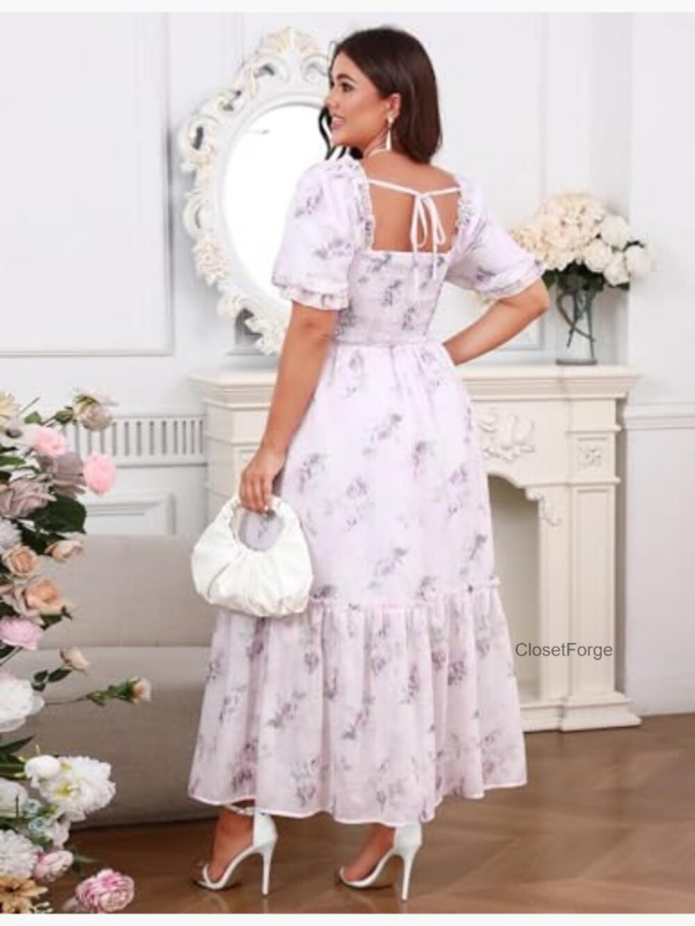 Plus Size Floral Maxi Dress Puff Sleeve Smocked Corset Cottagecore - Picture 4 of 7